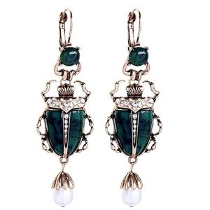 Green Goldtone Beetle Drop Earrings with Freshwater Pearls